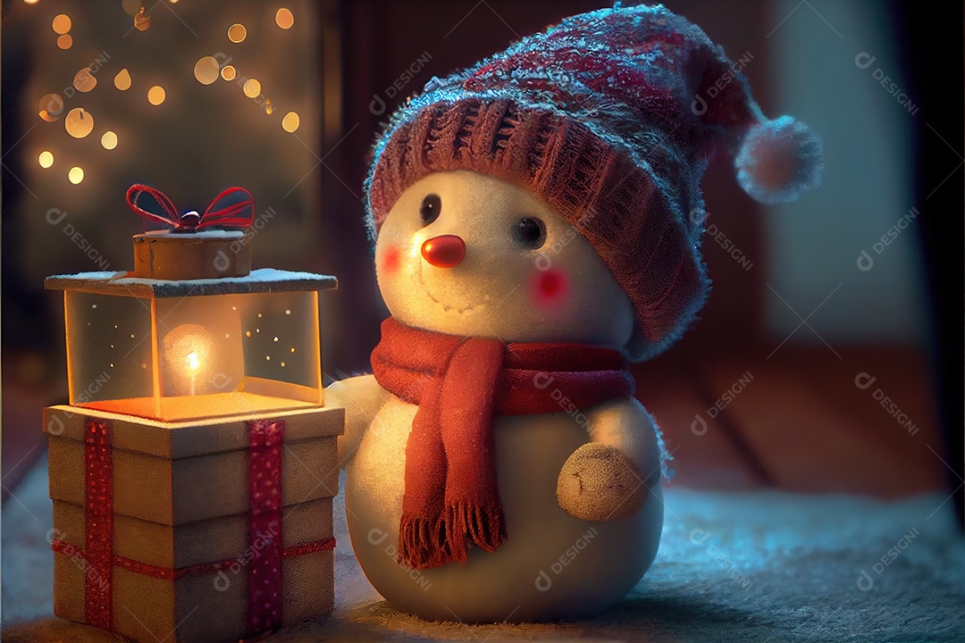Boneco de neve com um chapéu e um lenço vermelho, segurando uma linda caixa de presente