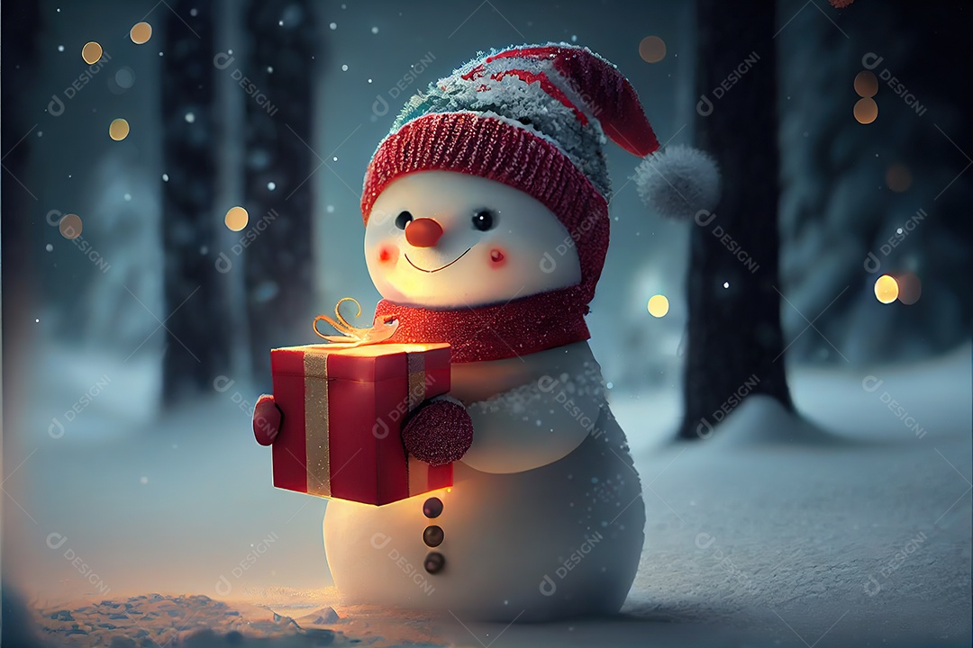 Boneco de neve com um chapéu e um lenço vermelho, segurando uma linda caixa de presente
