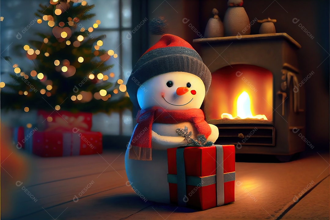 Boneco de neve com um chapéu e um lenço vermelho, segurando uma linda caixa de presente