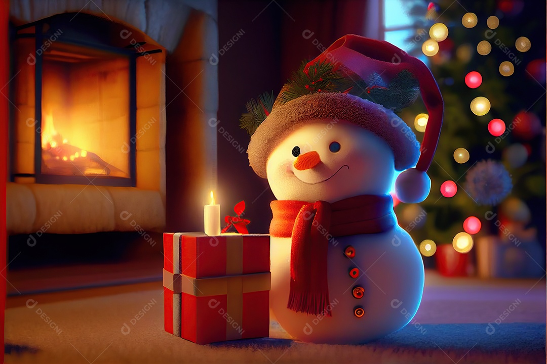 Boneco de neve com um chapéu e um lenço vermelho, segurando uma linda caixa de presente