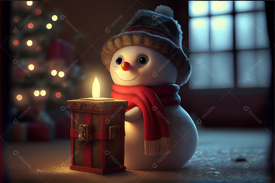 Boneco de neve com um chapéu e um lenço vermelho, segurando uma linda caixa de presente