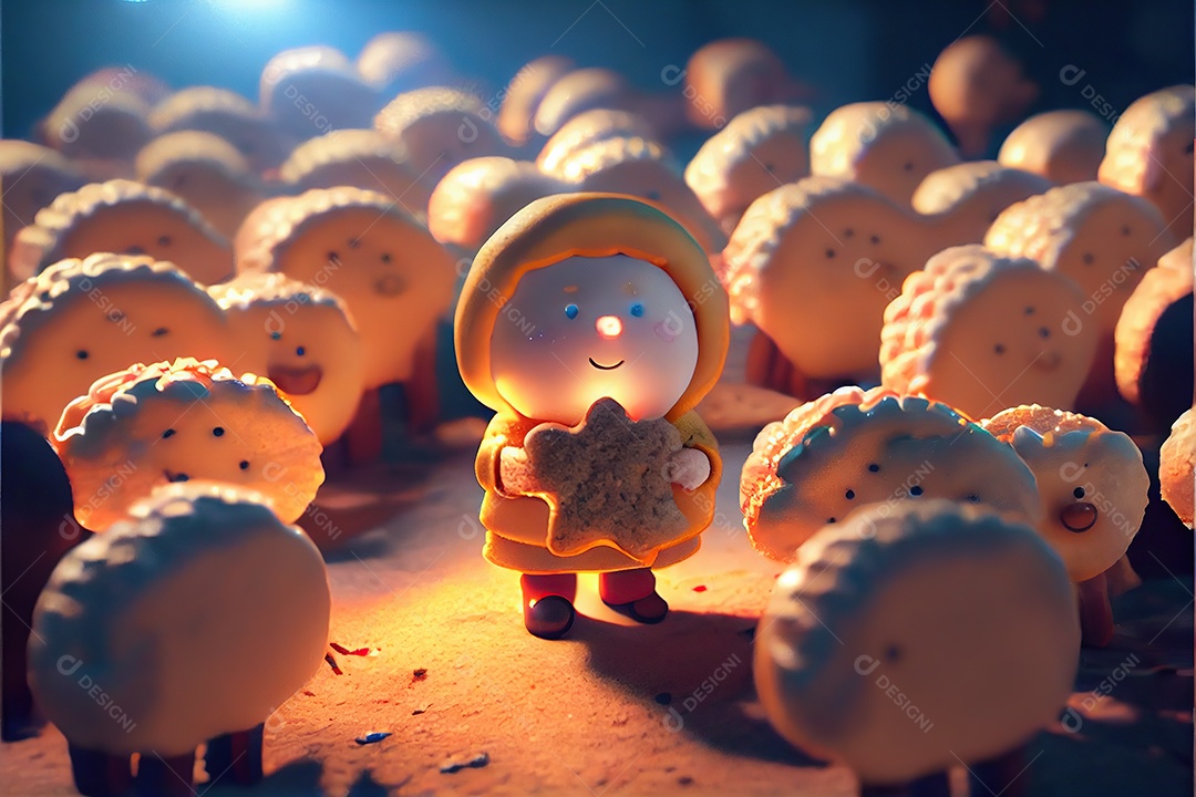 Escultura de biscoitos, miniaturas, um menino pastor com muitos fofos