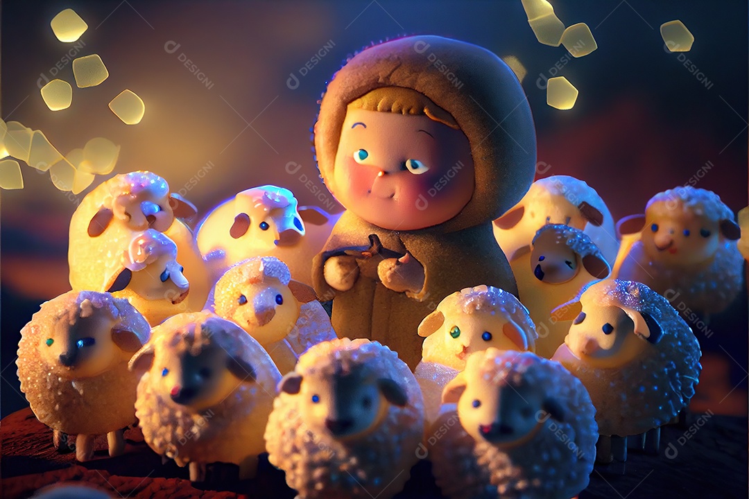 Escultura de biscoitos, miniaturas, um menino pastor com muitos fofos