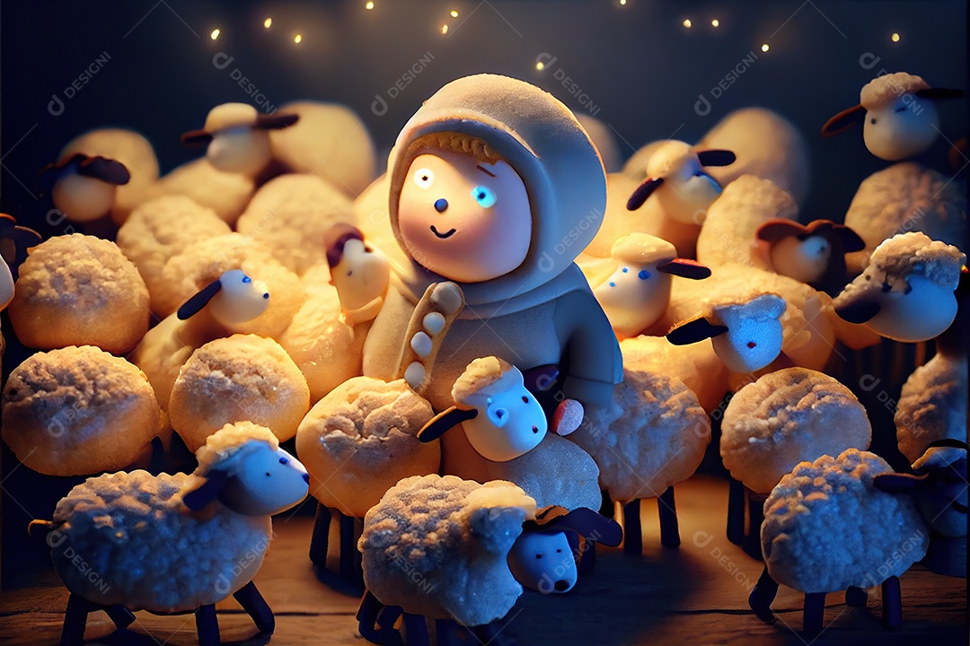 Escultura de biscoitos, miniaturas, um menino pastor com muitos fofos