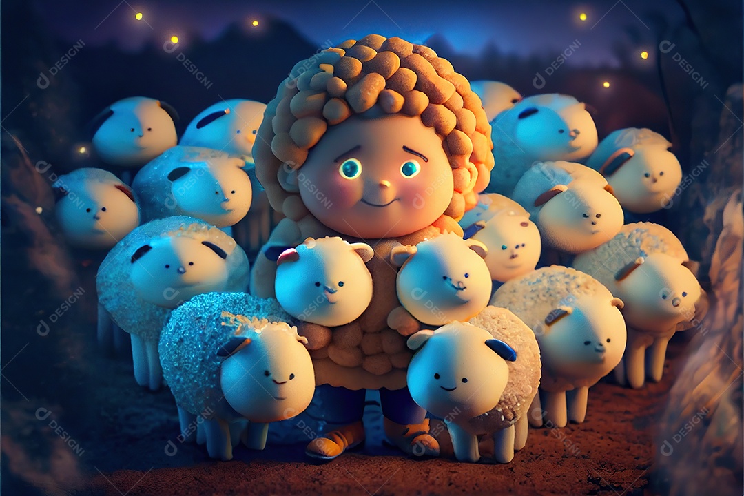 Escultura de biscoitos, miniaturas, um menino pastor com muitos fofos