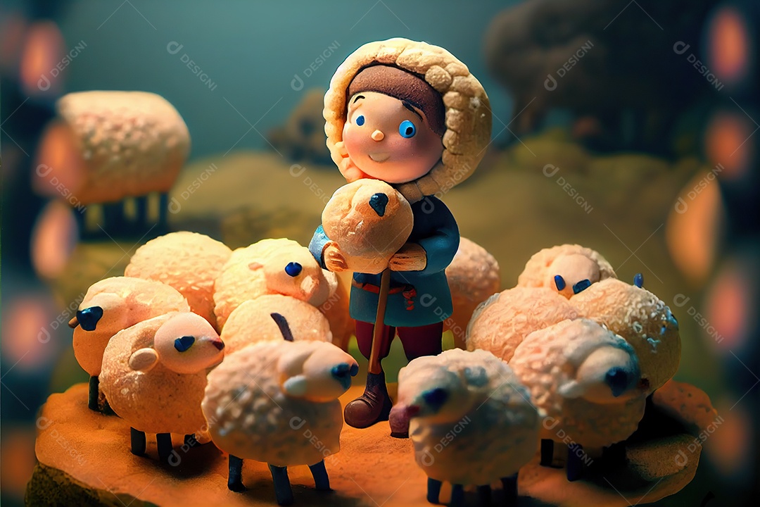 Escultura de biscoitos, miniaturas, um menino pastor com muitos fofos