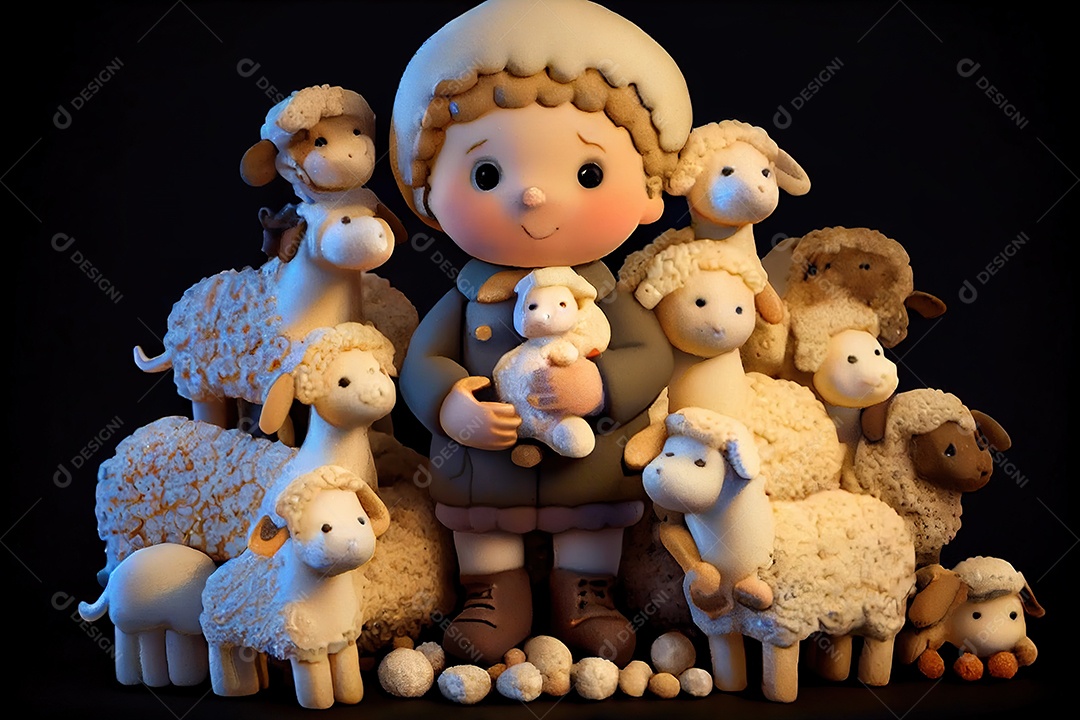 Escultura de biscoitos, miniaturas, um menino pastor com muitos fofos