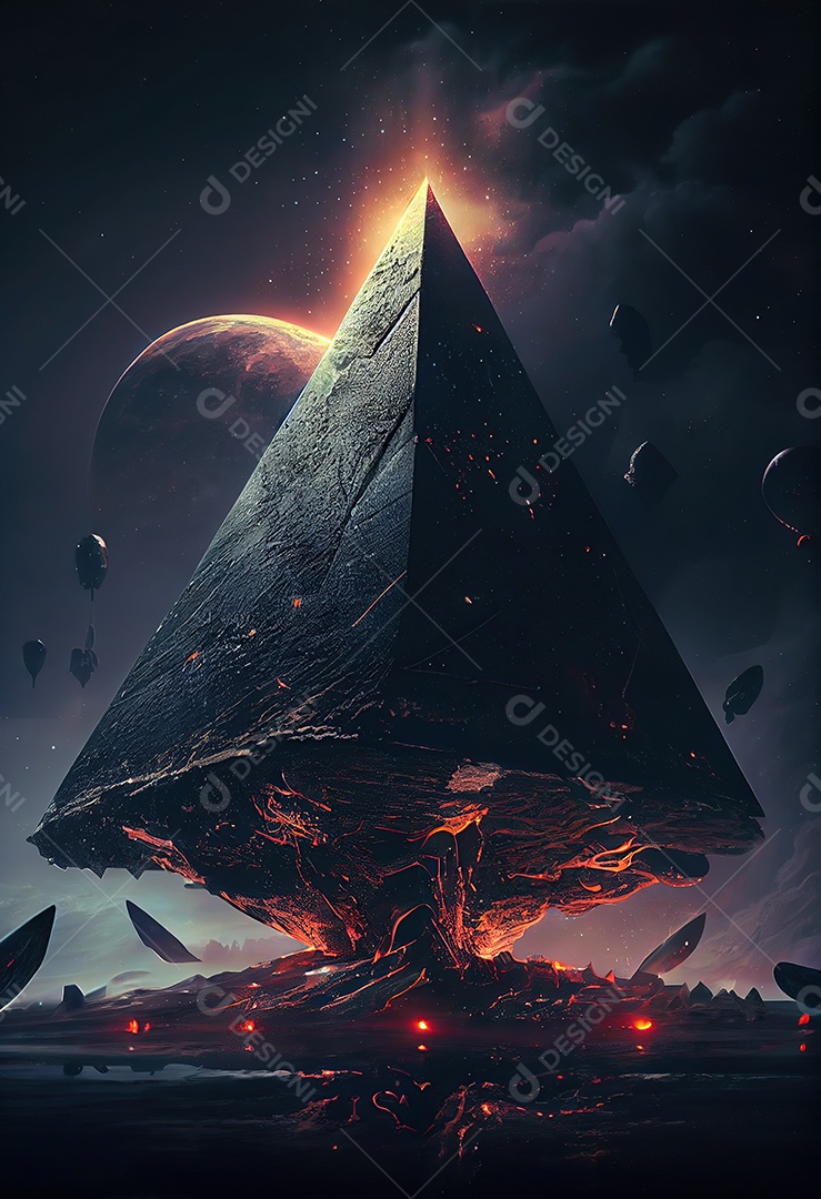 Pirâmide gigante flutuando com runas de fogo, várias naves, invasão alienígena