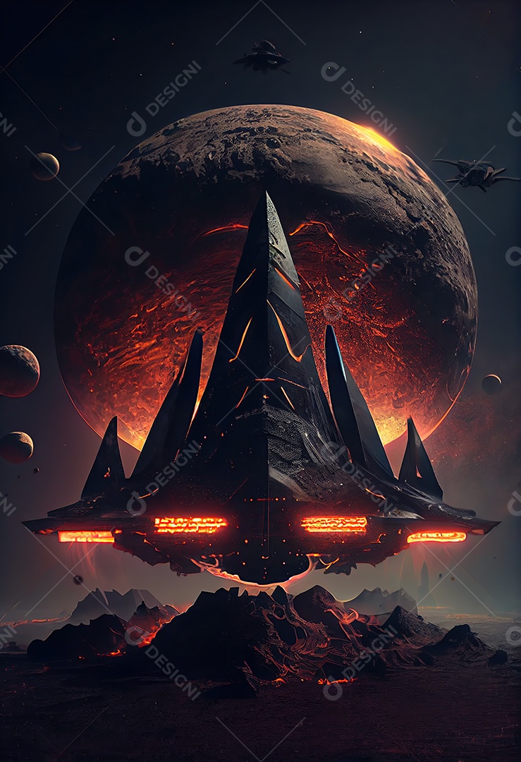 Pirâmide gigante flutuando com runas de fogo, várias naves, invasão alienígena