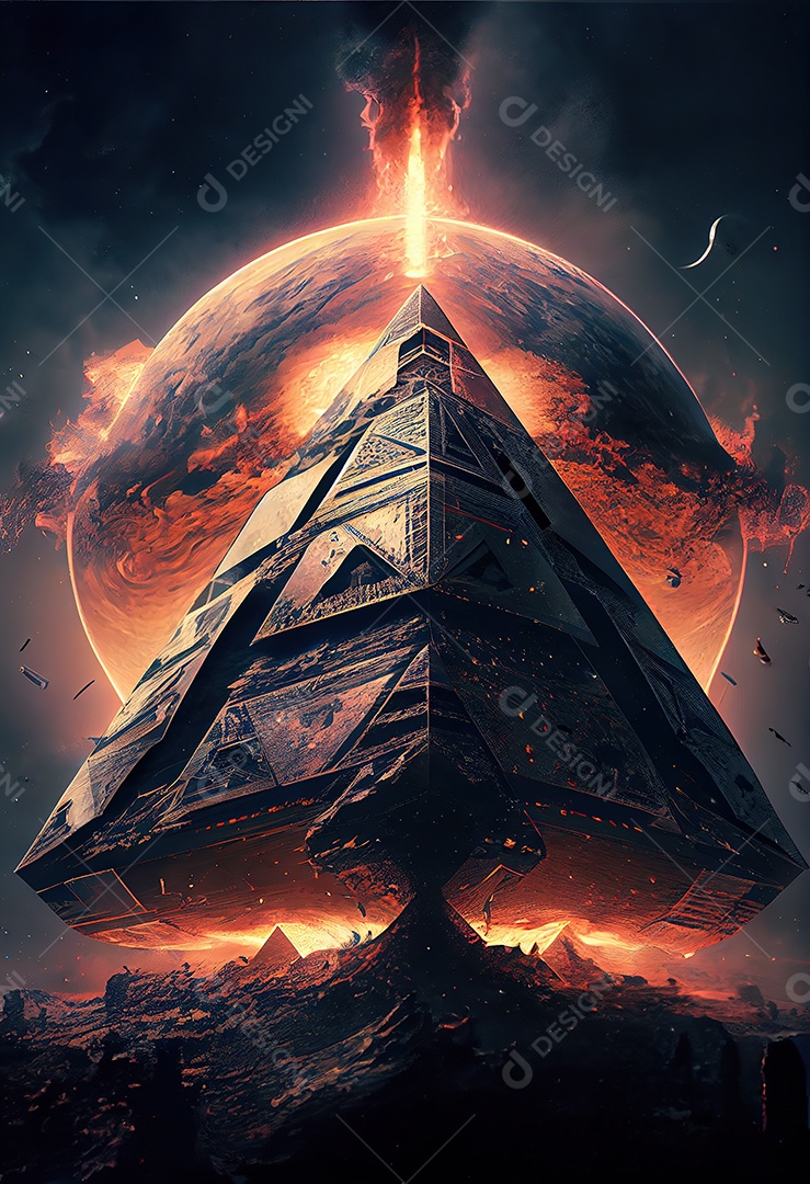 Pirâmide gigante flutuando com runas de fogo, várias naves, invasão alienígena
