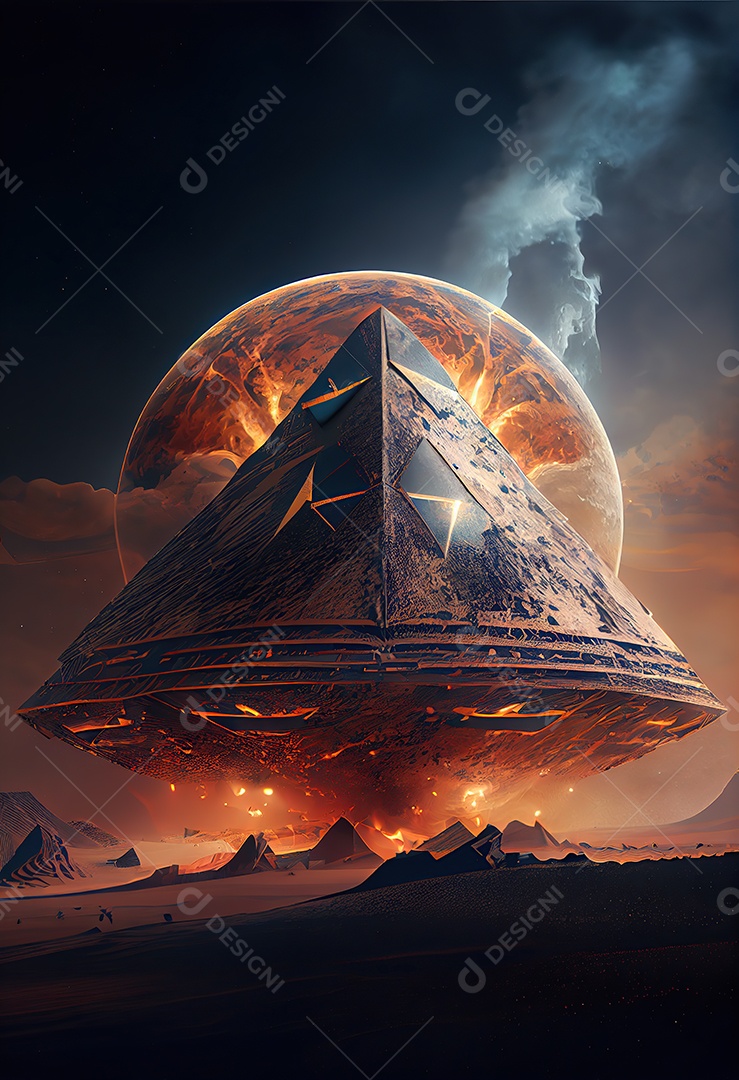 Pirâmide gigante flutuando com runas de fogo, várias naves, invasão alienígena