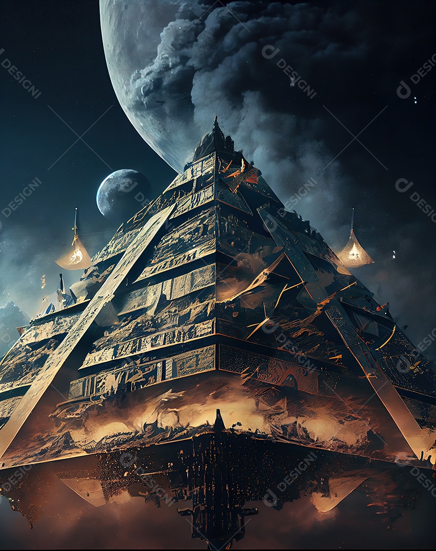 Pirâmide gigante flutuando com runas de fogo, várias naves, invasão alienígena