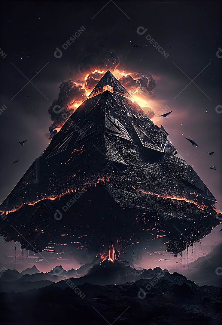 Pirâmide gigante flutuando com runas de fogo, várias naves, invasão alienígena
