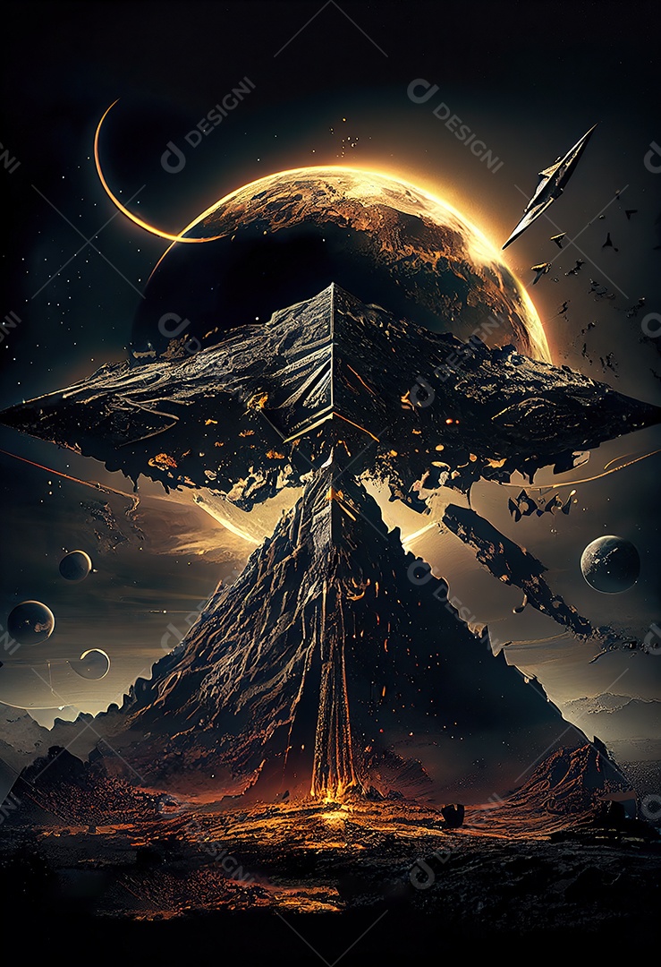 Pirâmide gigante flutuando com runas de fogo, várias naves, invasão alienígena