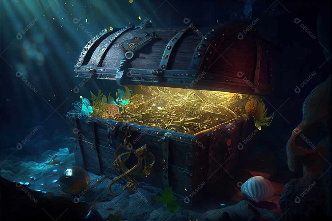 Tesouro pirata sobre o mar. Embaixo da agua.