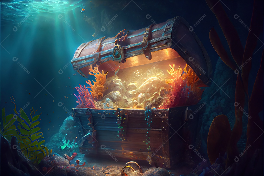 Tesouro pirata sobre o mar. Embaixo da agua.
