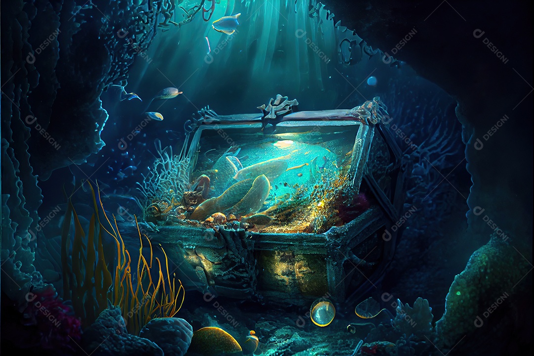 Tesouro pirata sobre o mar. Embaixo da agua.