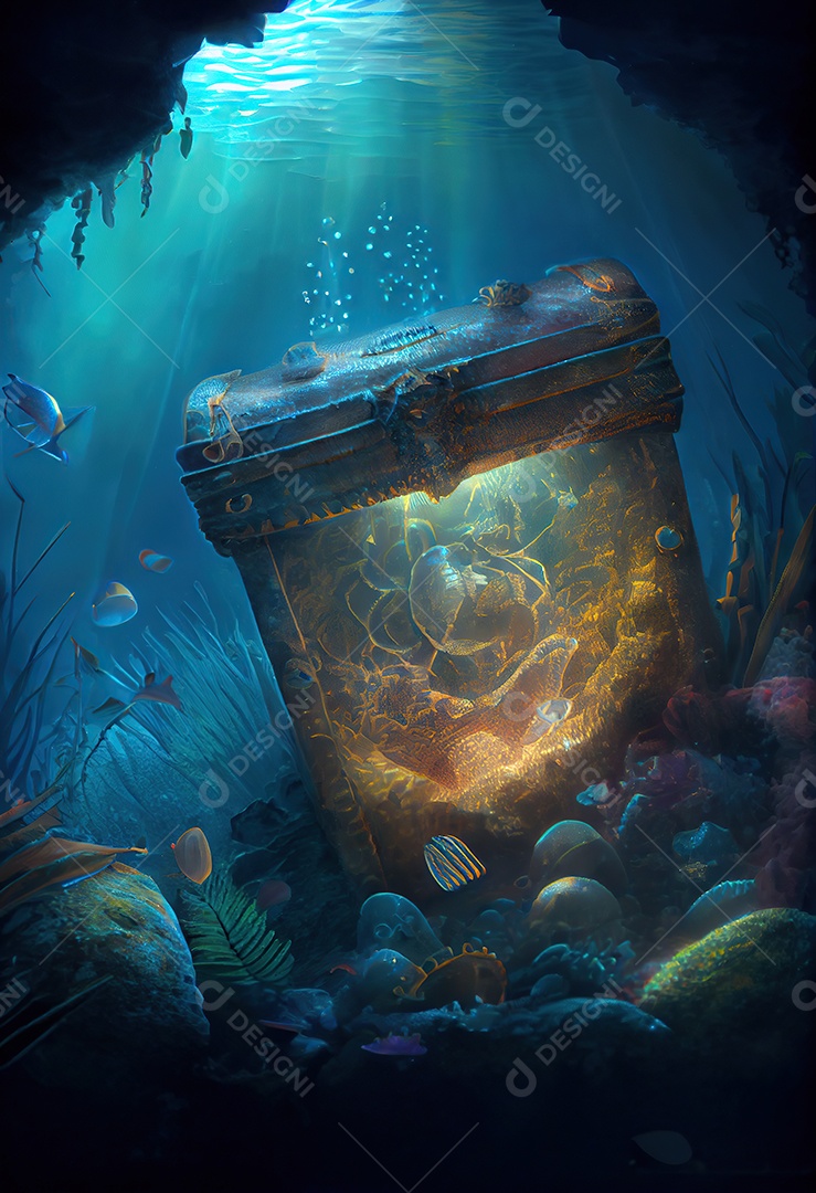 Tesouro pirata sobre o mar. Embaixo da agua.