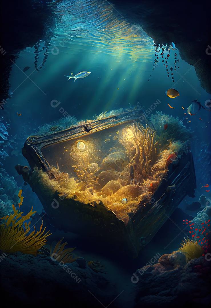 Tesouro pirata sobre o mar. Embaixo da agua.