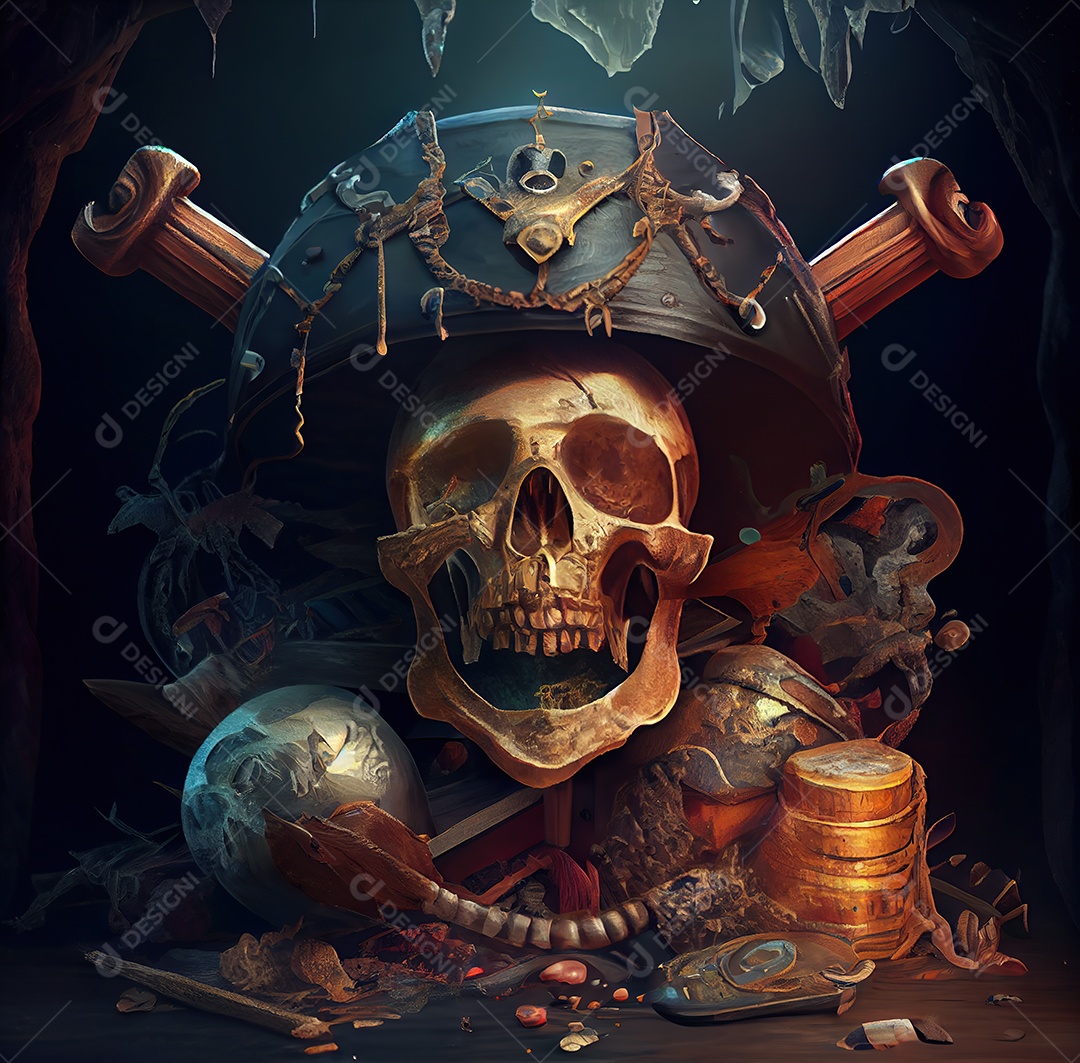 Tesouro pirata sobre o mar. Embaixo da agua.