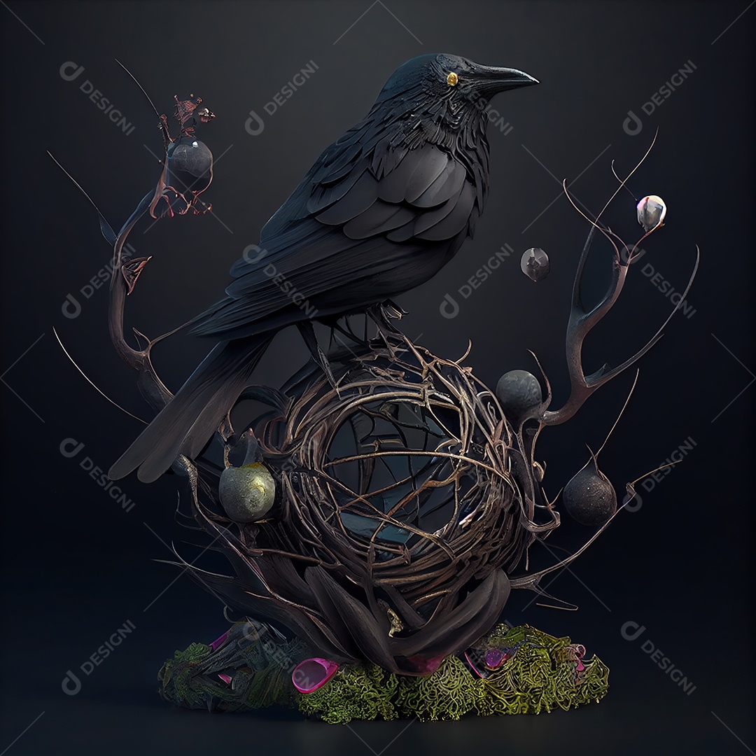 Crânio de pedras preciosas cercado por um coração de raízes entrelaçadas