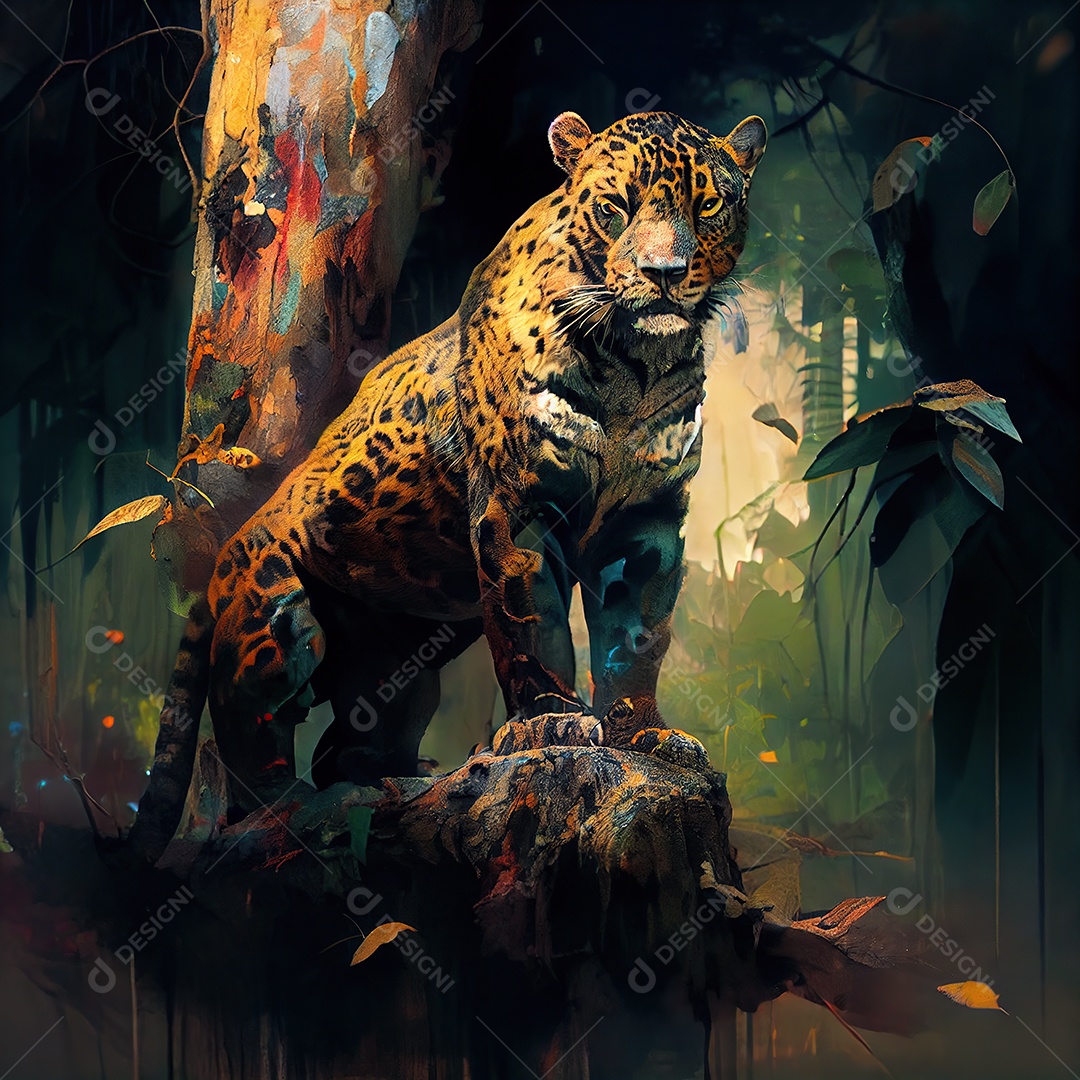 Adorável jaguar em um tronco de árvore. leopardo. Fundo da selva