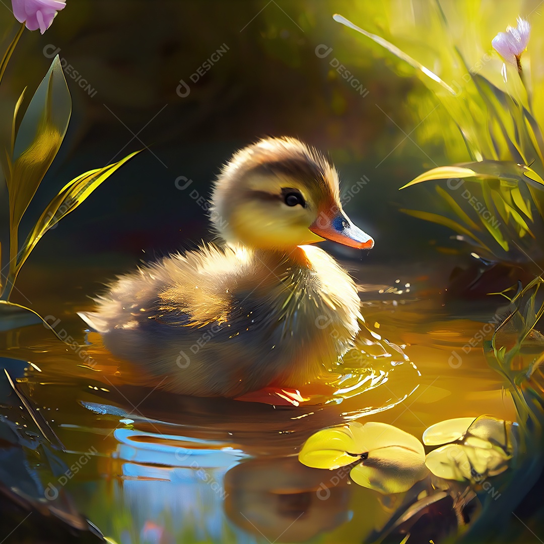 Bebê adorável patinho na bela lagoa. Ensolarado