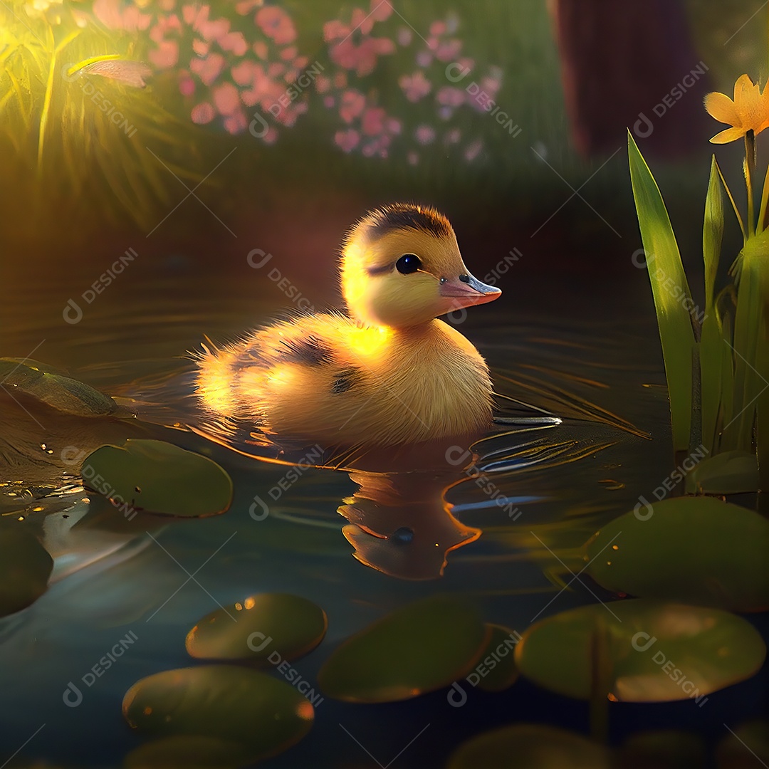 Bebê adorável patinho na bela lagoa. Ensolarado