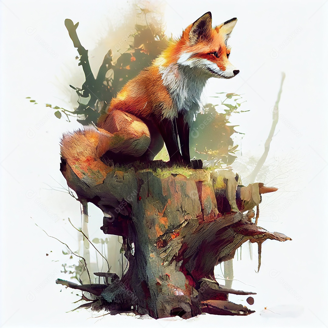 Adorável raposa em um tronco de árvore