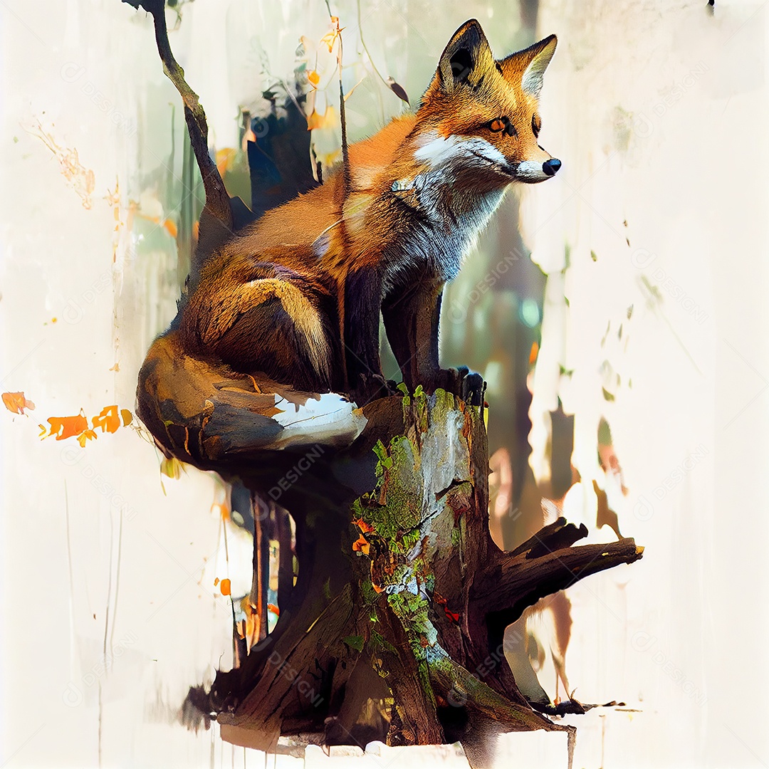 Adorável raposa em um tronco de árvore