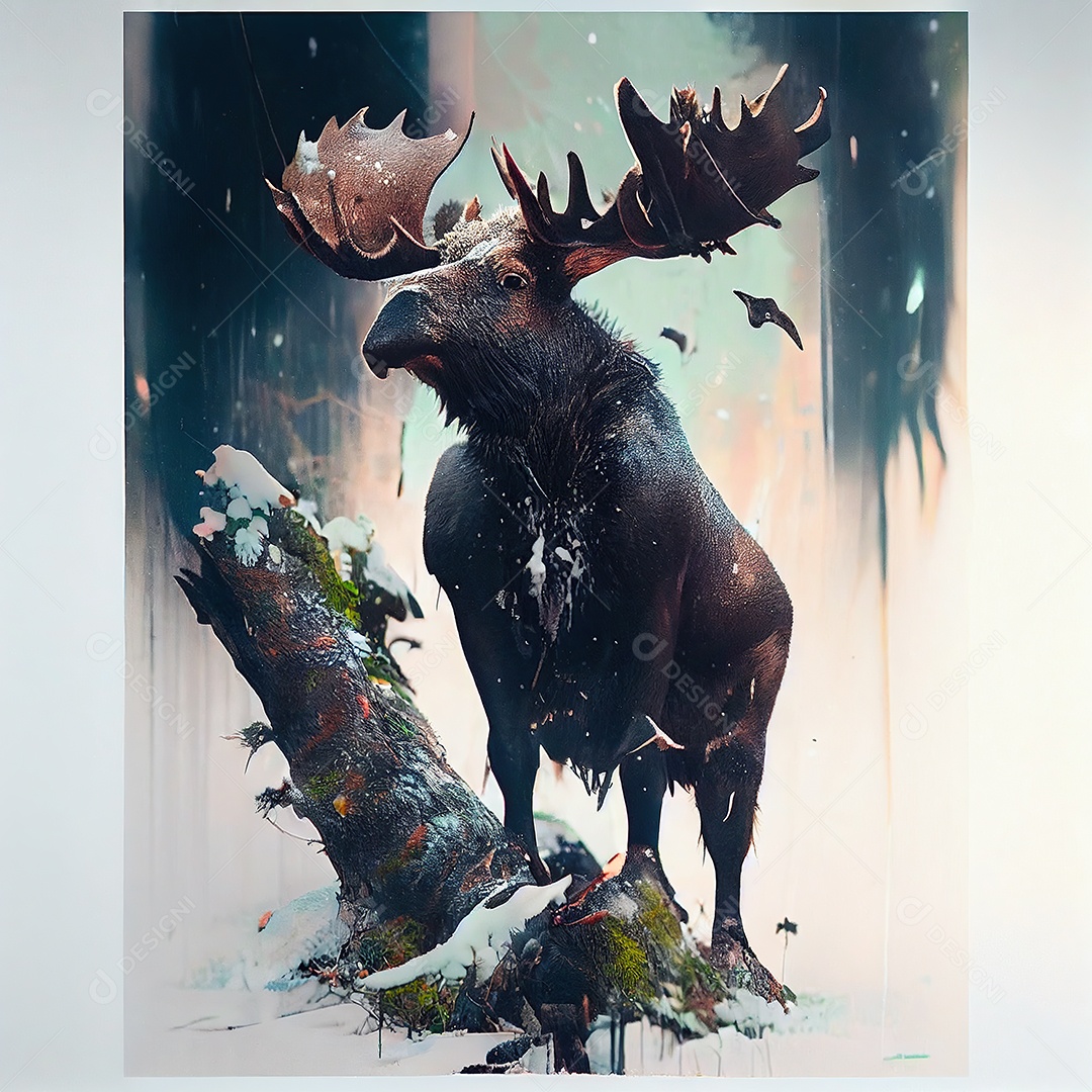 Adorável alce em um tronco de árvore. Neve, fundo da selva. arte, surrealismo