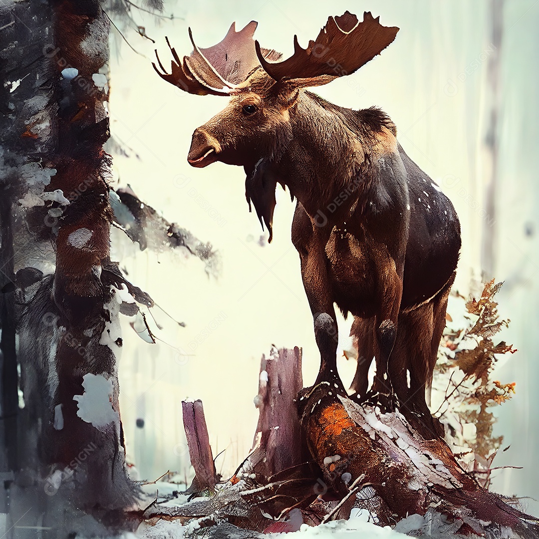 Adorável alce em um tronco de árvore. Neve, fundo da selva. arte, surrealismo