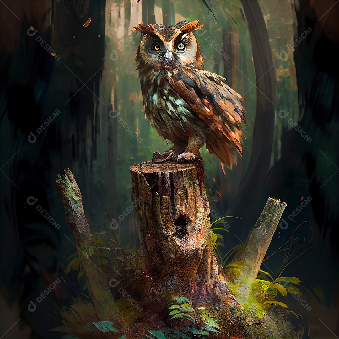 Adorável coruja em um tronco de árvore. Fundo da selva