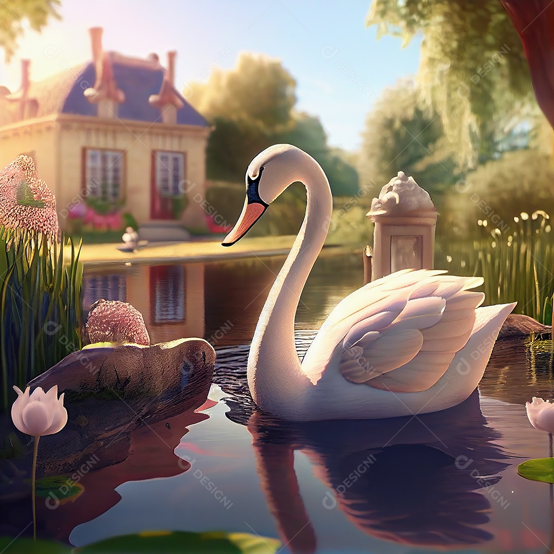 Adorável cisne na bela lagoa. Jardim ensolarado. arte conceitual