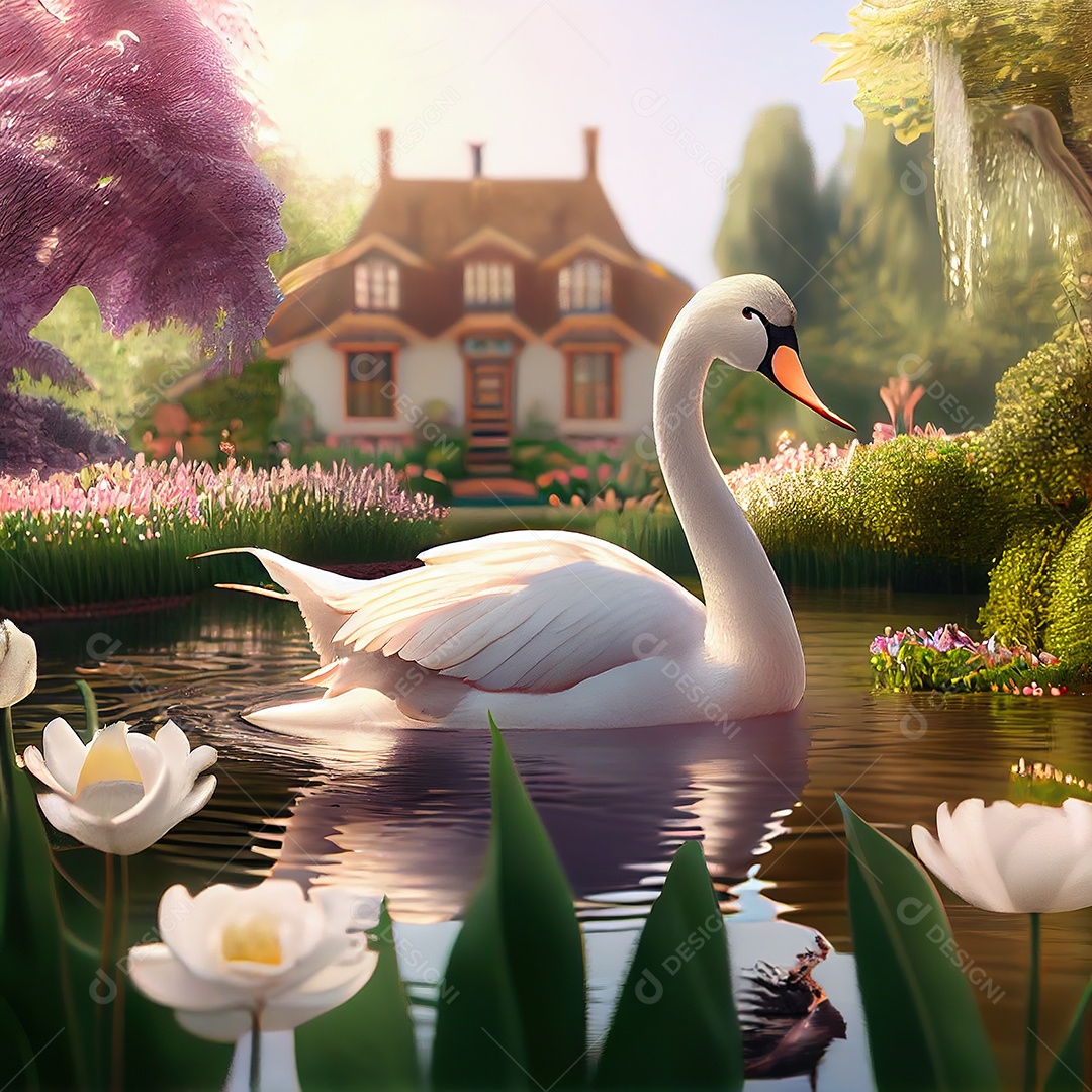 Adorável cisne na bela lagoa. Jardim ensolarado