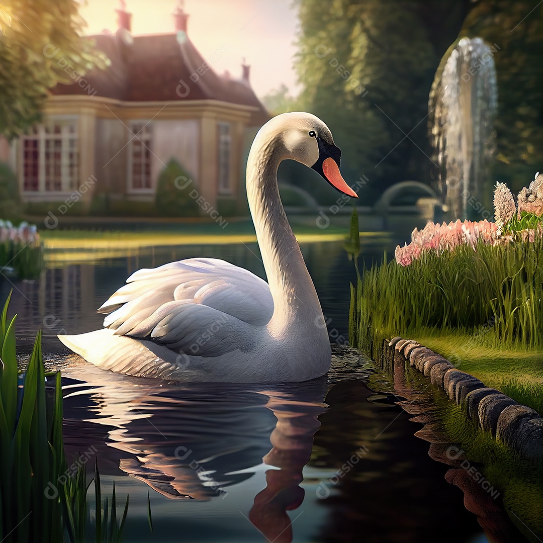 Adorável cisne na bela lagoa. Jardim ensolarado. arte conceitual