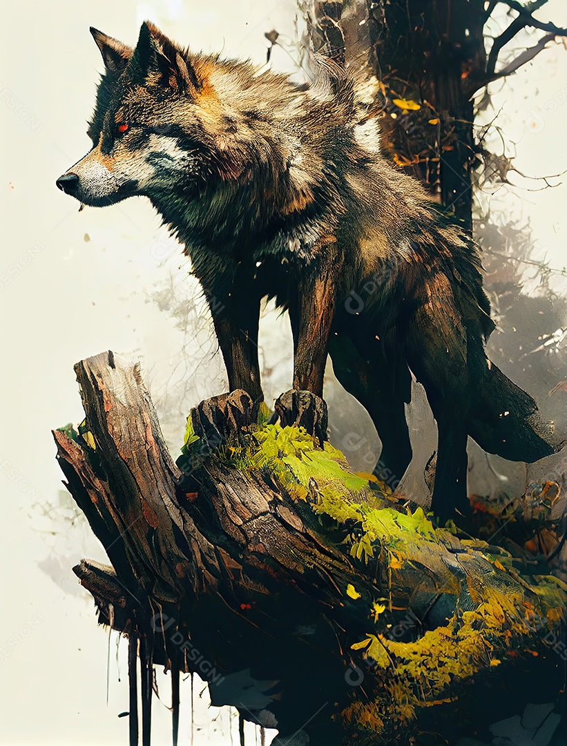 Lobo adorável em um fundo de de árvore. obra de arte.