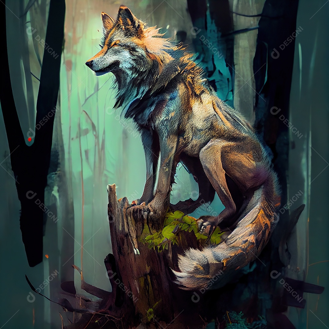 Lobo adorável em um fundo de trunk.jungle de árvore. obra de arte.