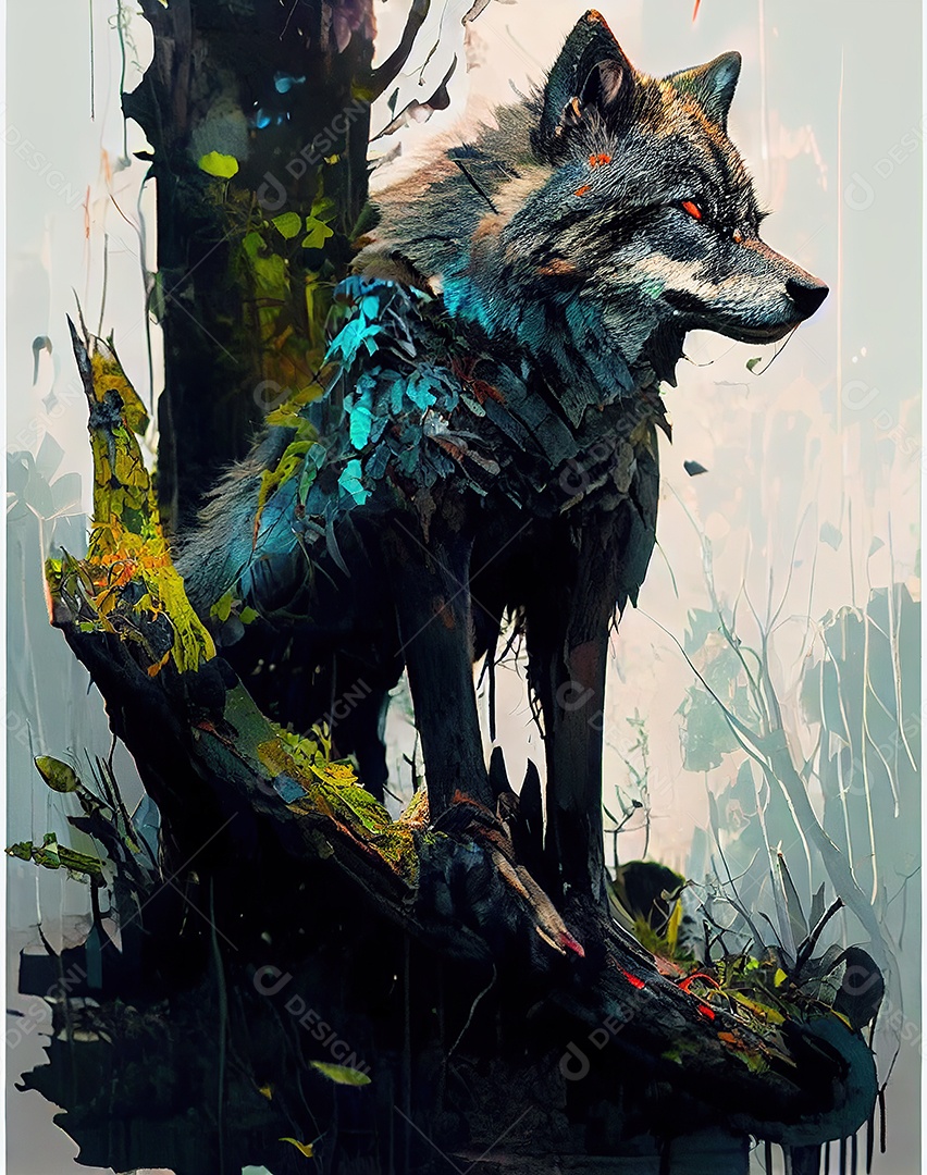 Lobo adorável em um fundo de trunk.jungle de árvore. obra de arte.