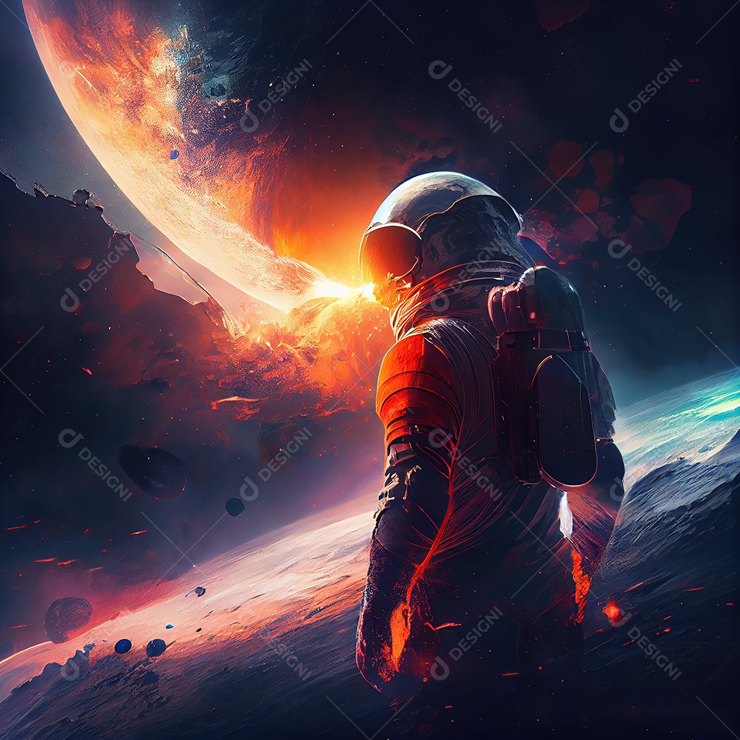 Astronauta flutuando no espaço olha para o planeta explodindo. sozinho, obra de arte
