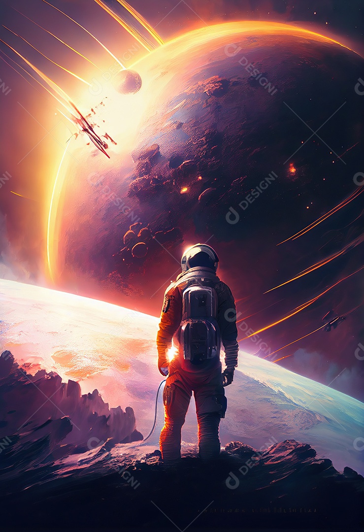 Astronauta flutuando no espaço olha para o planeta explodindo. sozinho