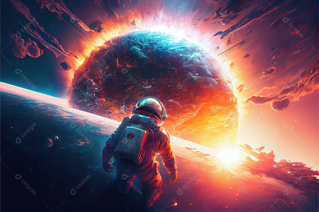 Astronauta flutuando no espaço olha para o planeta explodindo