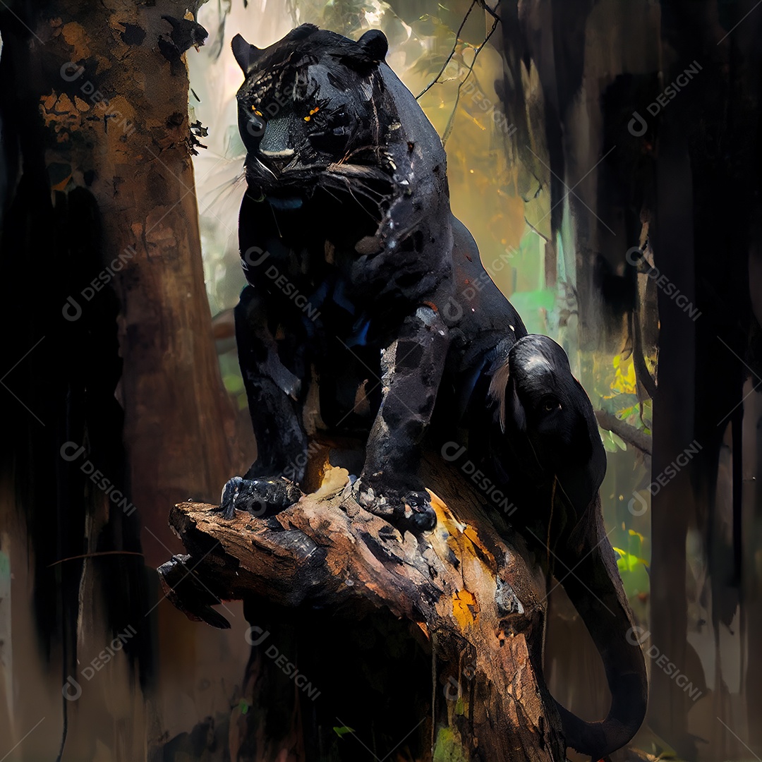 Pantera negra em um tronco de árvore. Fundo da selva.