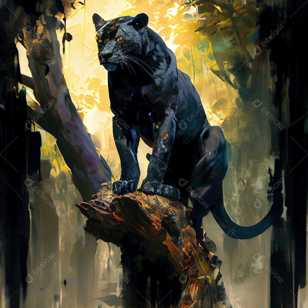 Pantera negra em um tronco de árvore. Fundo da selva.