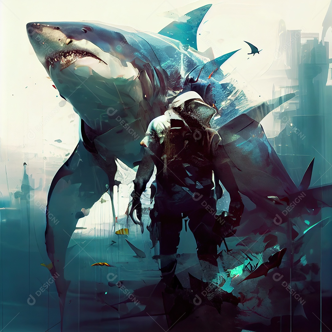 Grande tubarão branco sob o mar com uma jovem sereia, obra de arte