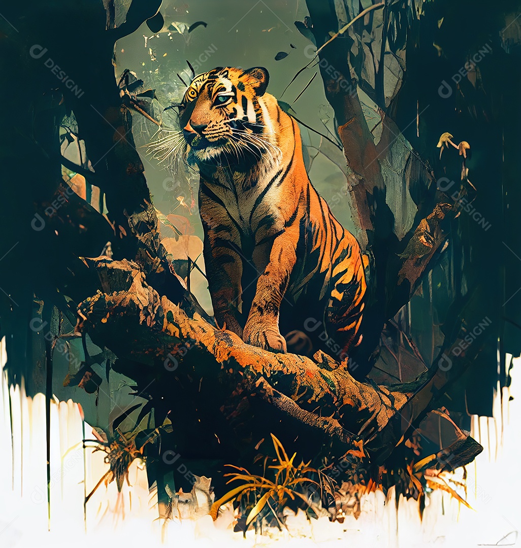 Tigre adorável em um tronco de árvore. Fundo da selva.