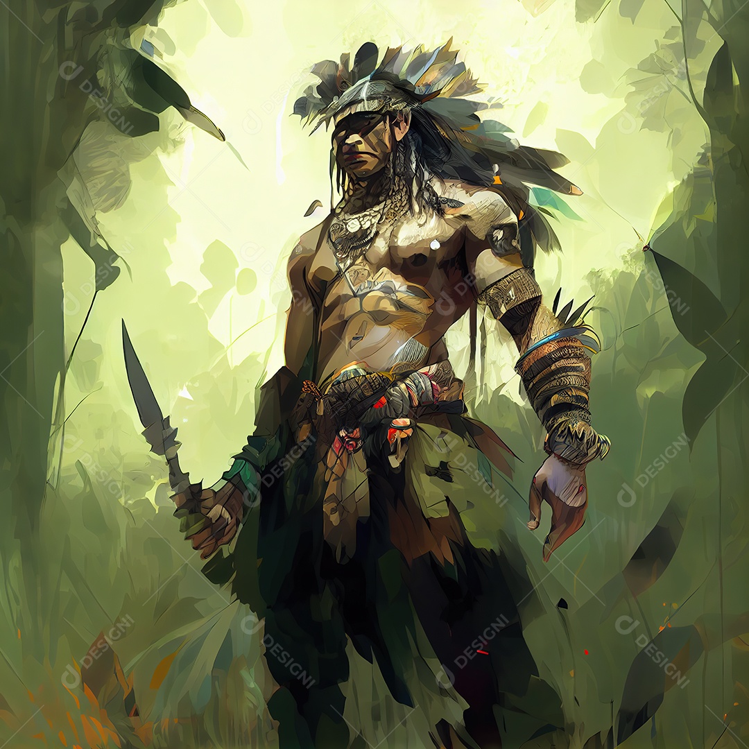 Jovem índio guerreiro. Fundo da selva. Obra de arte