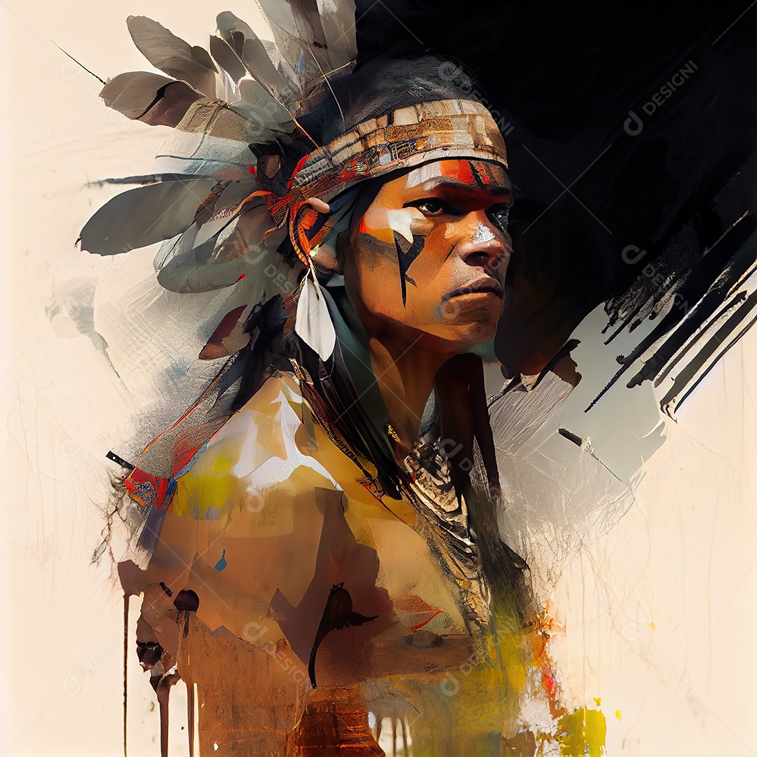 Jovem índio guerreiro. Fundo da selva. Obra de arte