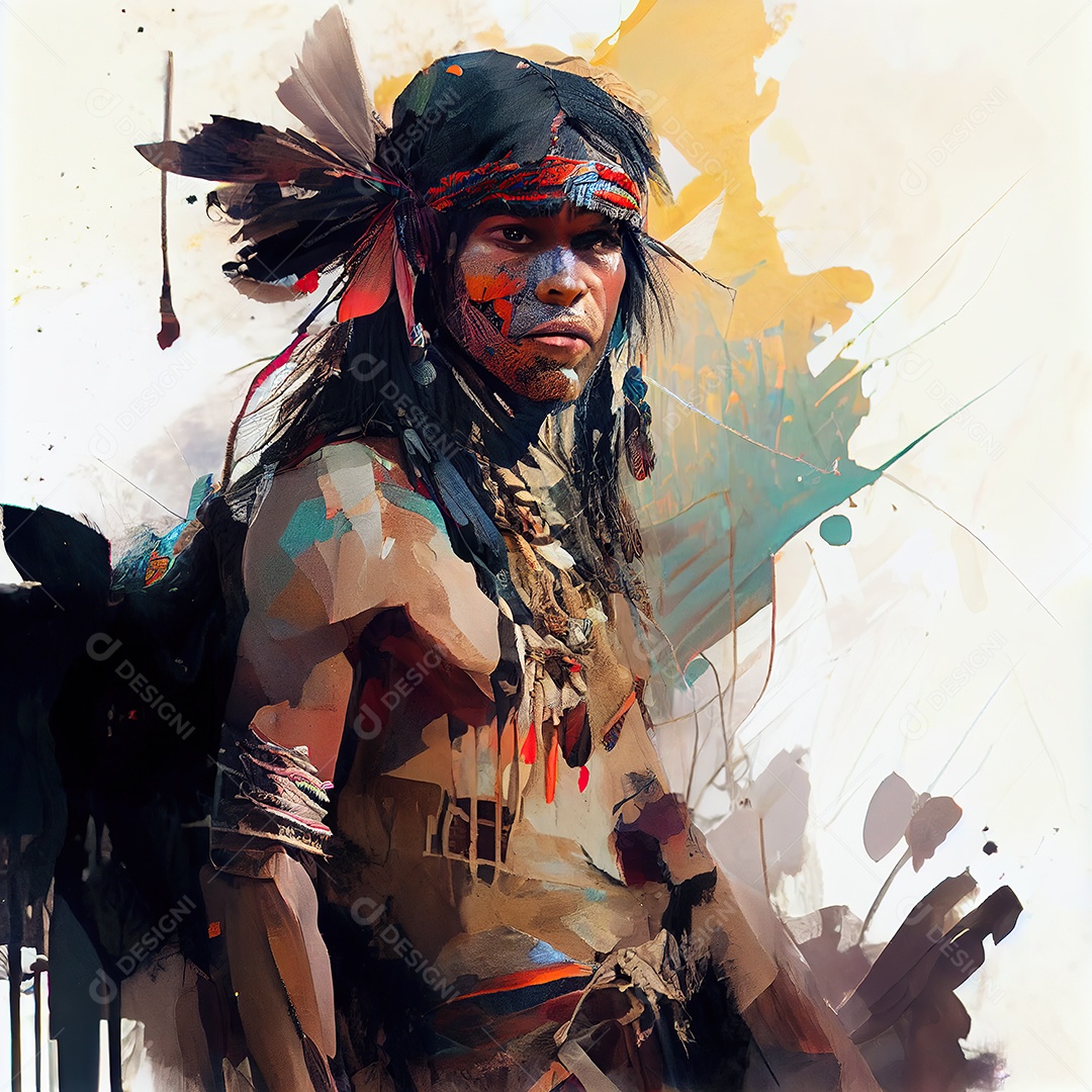 Jovem índio guerreiro. Fundo da selva. Obra de arte