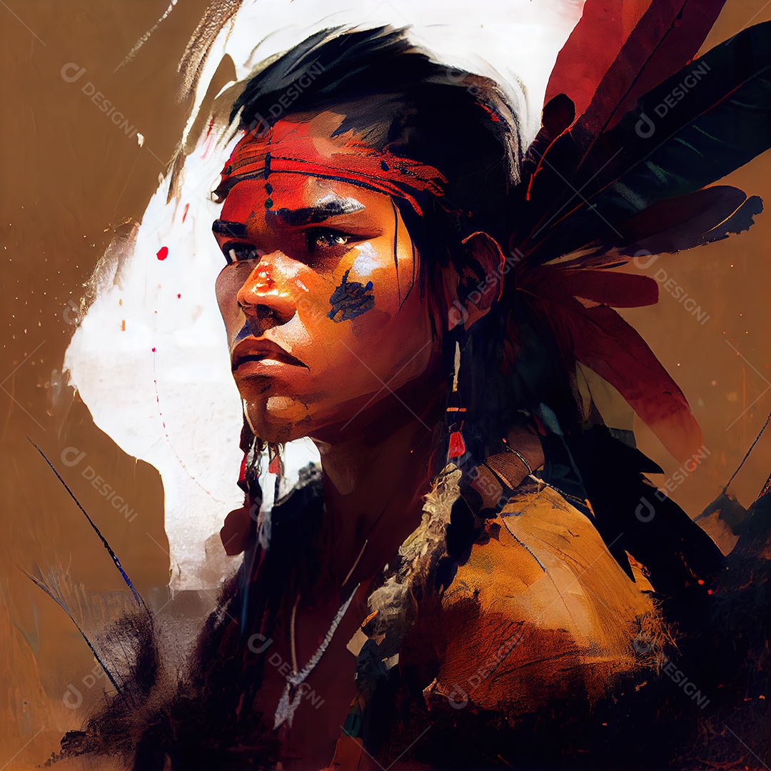 Jovem índio guerreiro. Fundo da selva. Obra de arte